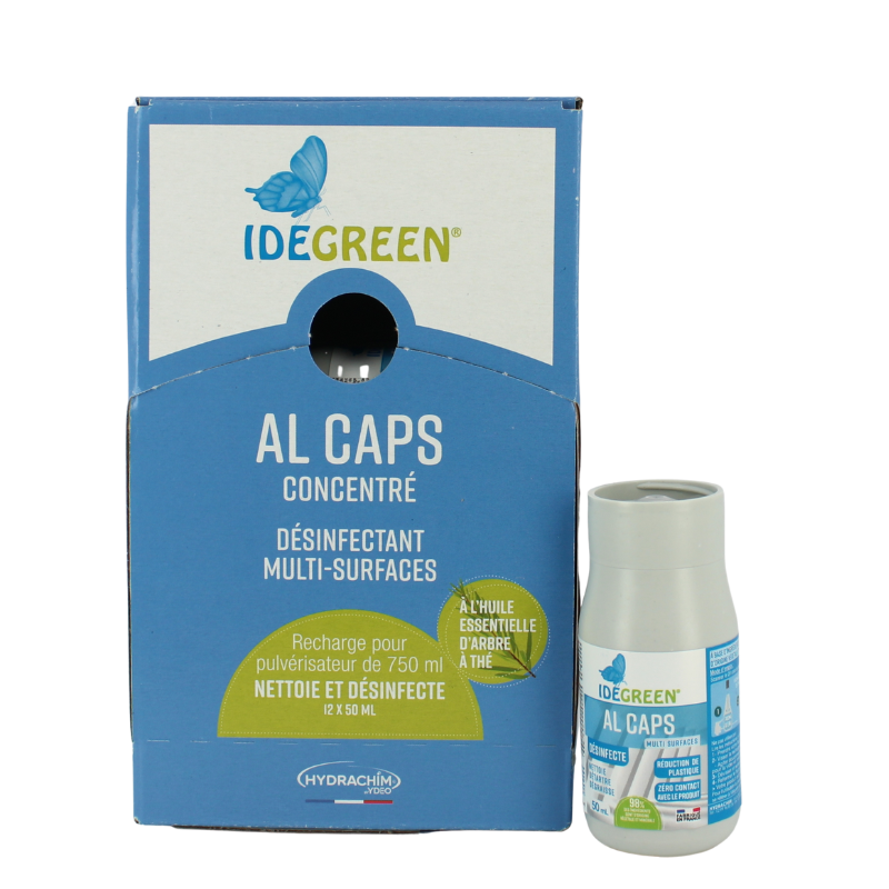 IDEGREEN - 2253 - AL CAPS DESINFECTANT- NETTOYANT MULTI SURFACES CONCENTRÉ - RECHARGE DE 50ml 12x50ml IDEGREEN - 2253 - AL CAPS DESINFECTANT- NETTOYANT MULTI SURFACES CONCENTRÉ - RECHARGE DE 50ml 12x50ml